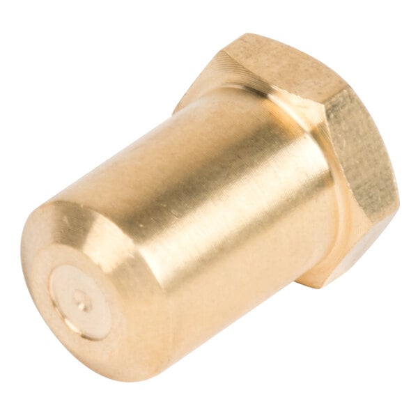 A brass threaded nut for a Cooking Performance Group burner orifice.
