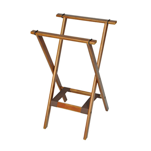 A dark walnut wooden tray stand with brown straps.