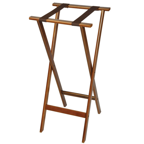 A CSL dark walnut wooden tray stand with brown straps.