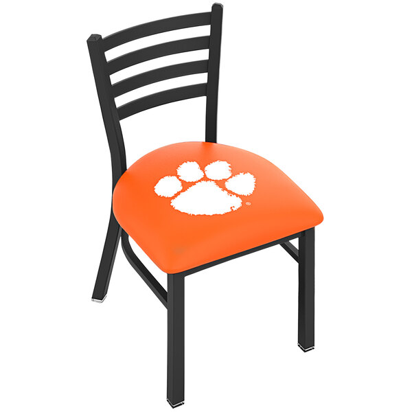 A black steel Holland Bar Stool chair with a Clemson University paw print on the padded seat.