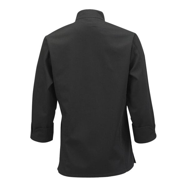 A black Mercer Culinary Millennia women's long sleeve cook jacket with cuffed sleeves.