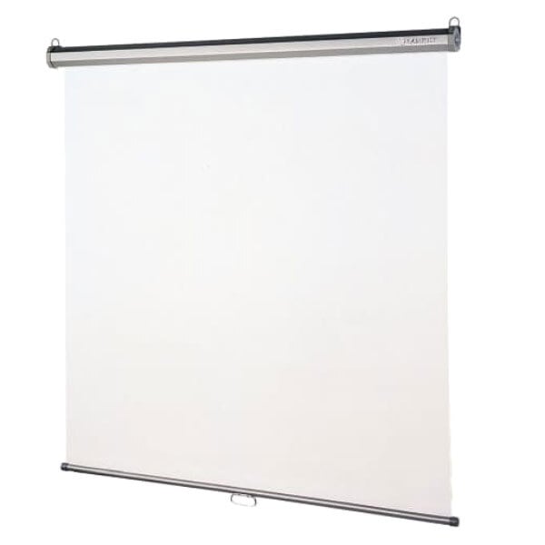 A white projection screen with a black metal frame.