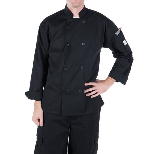 A man wearing a black Mercer Culinary chef jacket.