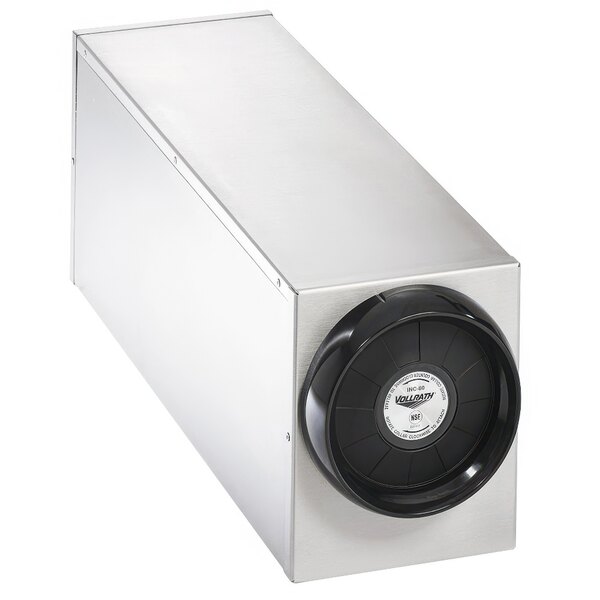 A silver rectangular Vollrath countertop cup dispenser cabinet with a black circle on the front.