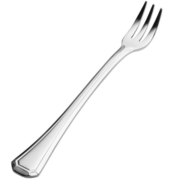 A close-up of a Bon Chef stainless steel cocktail fork with a silver handle.