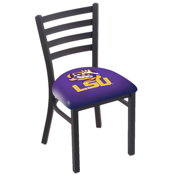 A Holland Bar Stool black steel Louisiana State University chair with padded purple seat and logo.