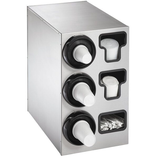 A stainless steel Vollrath countertop cup dispenser with 3 slots holding white cups.