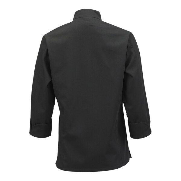 A Mercer Culinary Millennia black chef jacket with long cuffed sleeves.