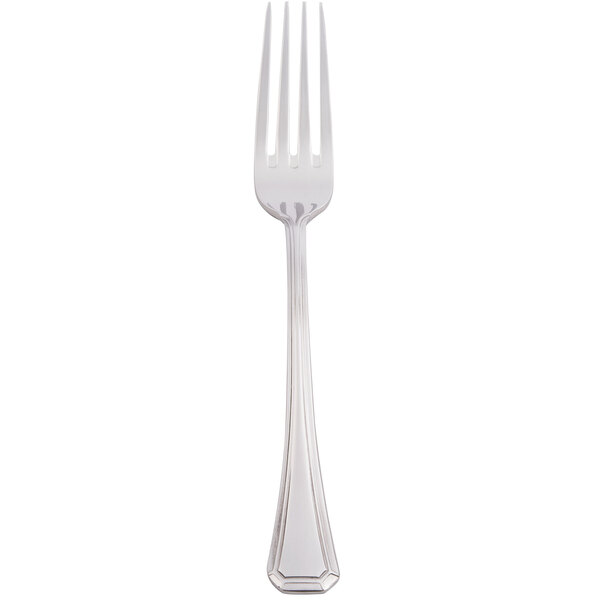 A silver Bon Chef dinner fork with a black handle on a white background.