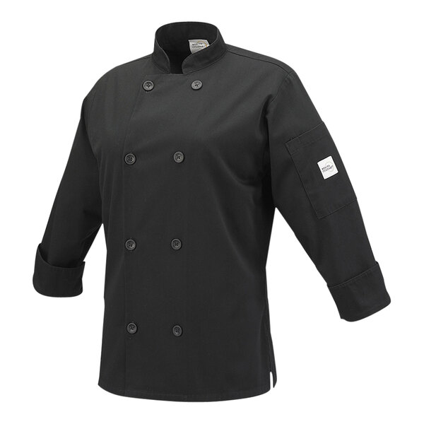 A Mercer Culinary Millennia black chef coat with buttons.