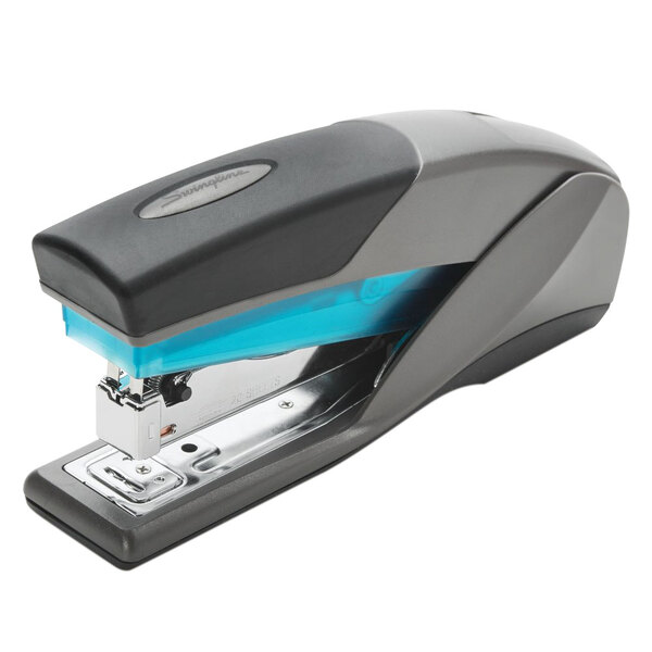 A blue and gray Swingline Optima stapler with black accents.