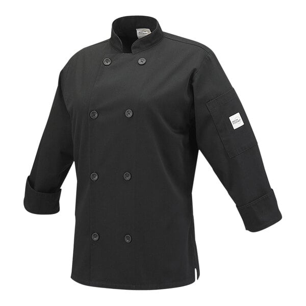 A Mercer Culinary Millennia women's black chef coat with buttons.