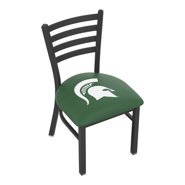 A black steel Holland Bar Stool chair with Michigan State University logo on the seat pad and ladder back.