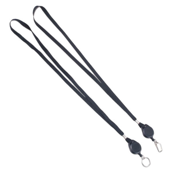 A pair of black ring-style lanyards.