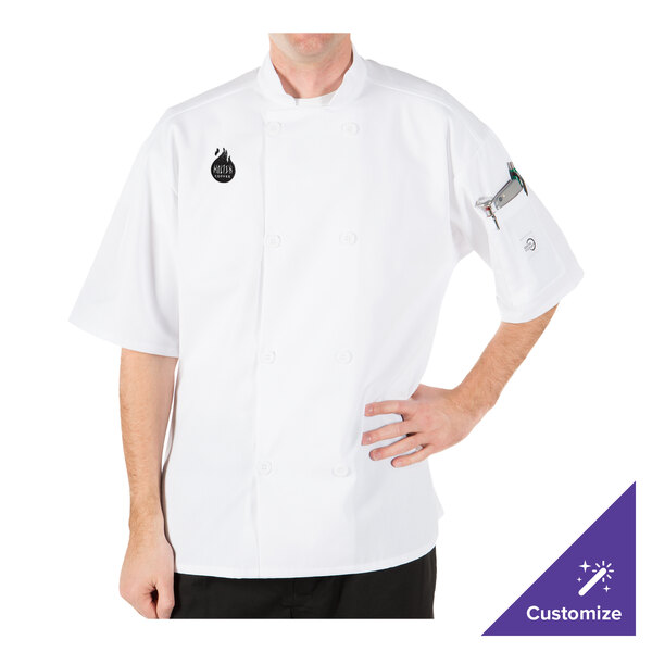 A man wearing a white Mercer Culinary chef coat.