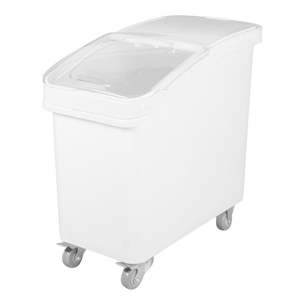 A white slant top mobile ingredient storage bin with a sliding lid and wheels.