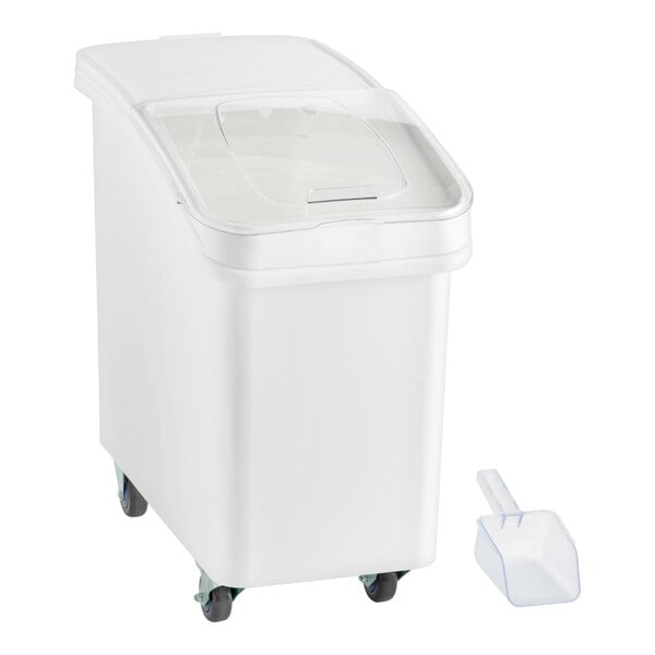 Baker's Lane 27 Gallon / 430 Cup White Slant Top Mobile Ingredient Storage Bin with Sliding Lid & Scoop