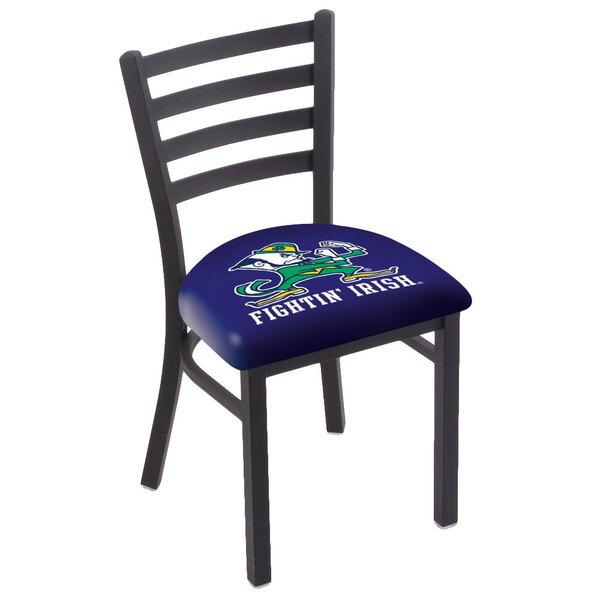 A black steel chair with a University of Notre Dame logo on the padded seat and ladder back.