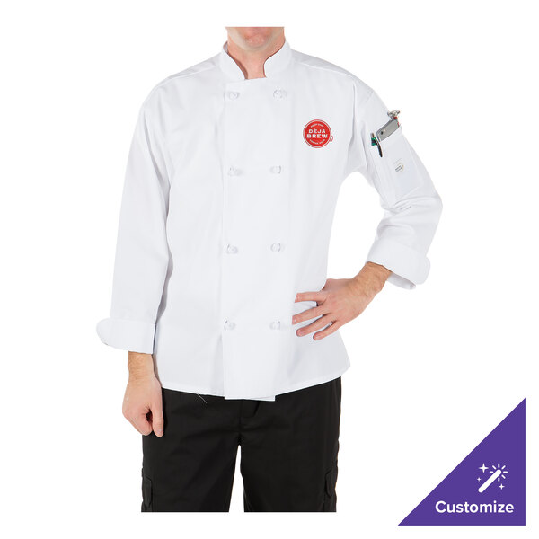 A man wearing a Mercer Culinary white long sleeve chef jacket with cloth knot buttons.