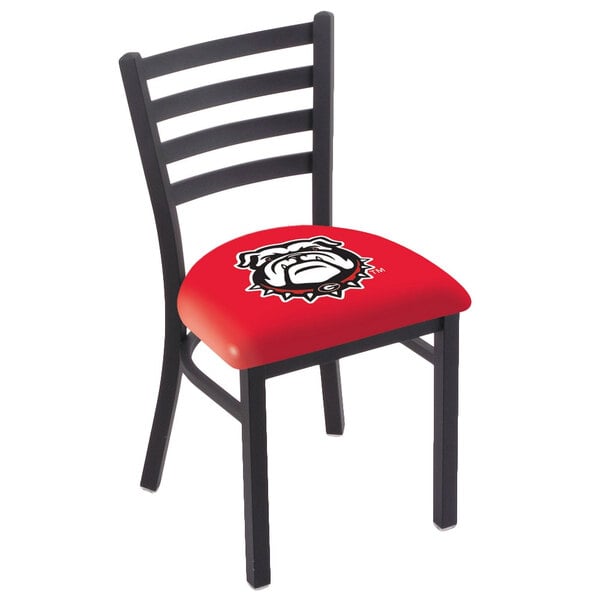 A black steel Holland Bar Stool chair with University of Georgia bulldog logo on the padded seat.