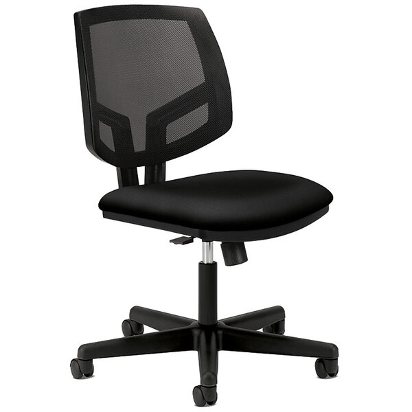 A black HON Basyx office chair with mesh back and black seat.