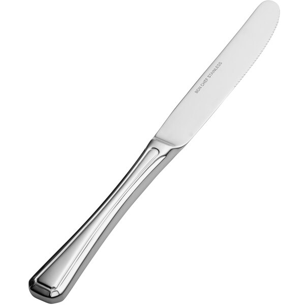 A Bon Chef stainless steel dinner knife with a solid silver handle.