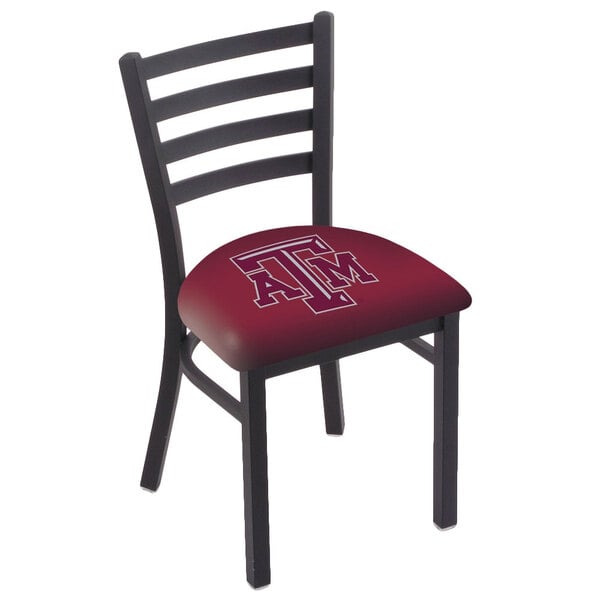 A black steel Holland Bar Stool side chair with a Texas A&M logo on the padded seat and ladder back.