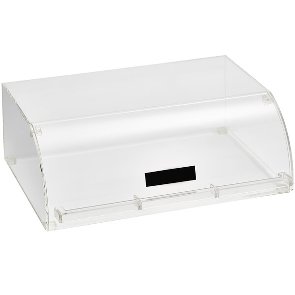 A clear plastic Vollrath pastry display case with a black chalkboard label.