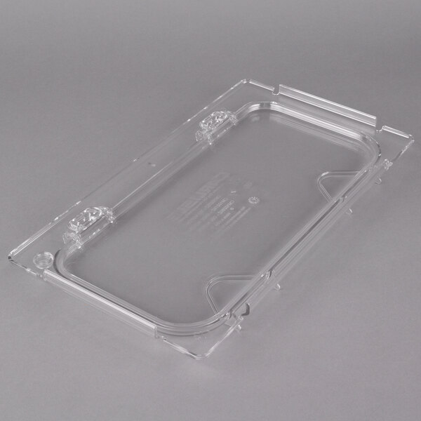 A Carlisle clear plastic food pan lid with 2 notches.