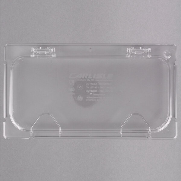A clear plastic Carlisle food pan lid with 2 notches.
