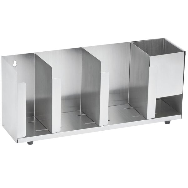 A Vollrath stainless steel countertop lid holder with four compartments.