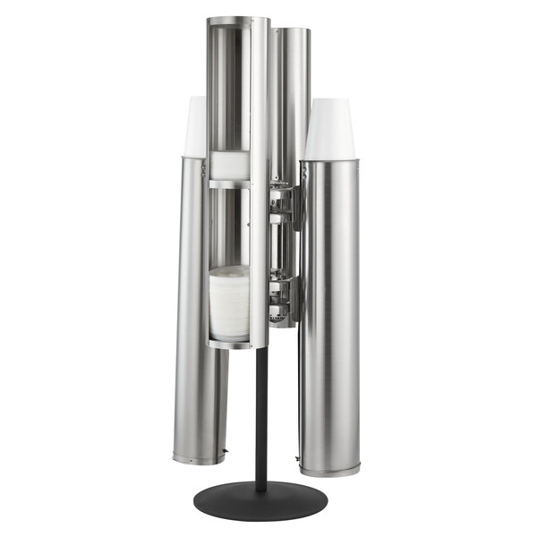 A silver and black metal Vollrath cup dispenser.
