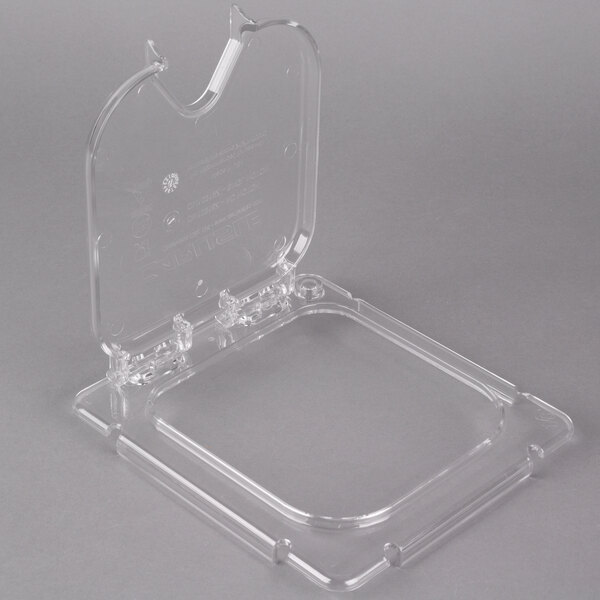 A clear plastic container with a clear lid with a notch in the middle.