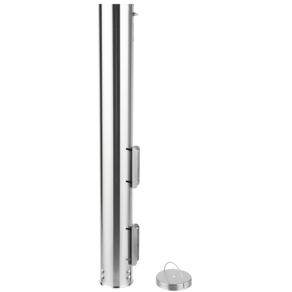 A stainless steel pole with a round metal cap.