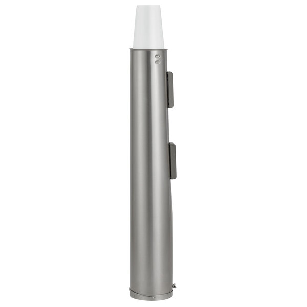 A silver cylindrical Vollrath cup dispenser with a white top.
