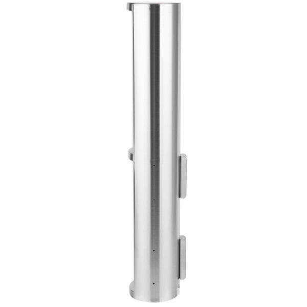A silver stainless steel cylindrical lid holder with two tiers and holes.