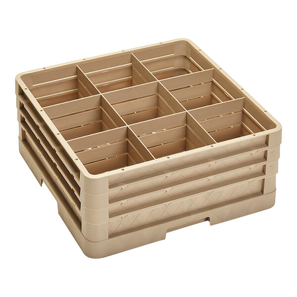A beige plastic Vollrath Traex glass rack with 9 compartments and 3 extenders.