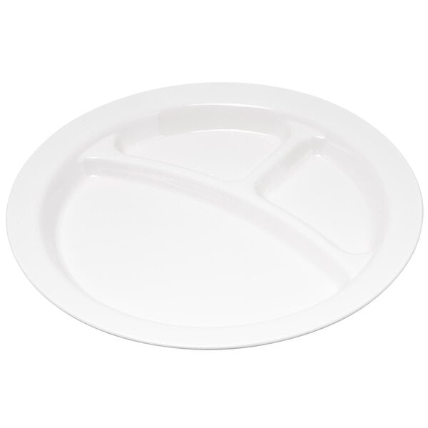 A white Carlisle polycarbonate plate with three compartments.