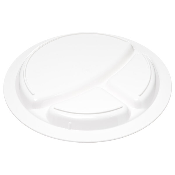 A white Carlisle polycarbonate plate with three compartments.