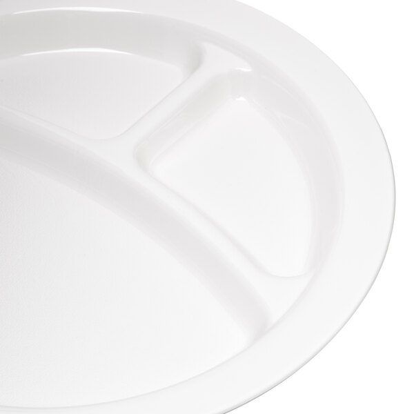 A Carlisle white polycarbonate plate with three compartments.