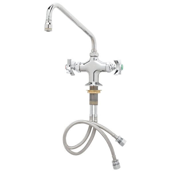 A T&S chrome laboratory faucet with flex inlets and a hose attached.