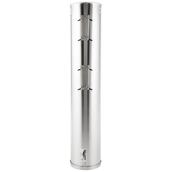 A silver stainless steel Vollrath cup dispenser with three holes.