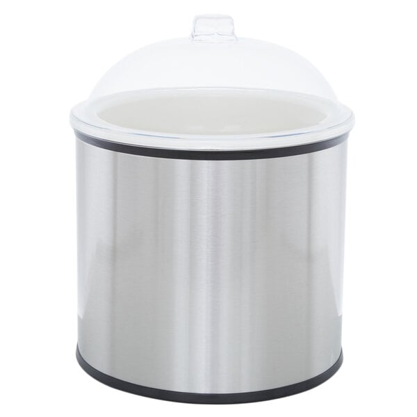 A white Carlisle Coldmaster ice cream crock with a clear lid and stainless steel shroud.