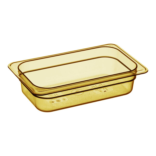 A yellow Cambro plastic food pan.