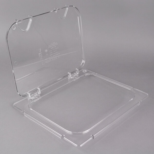 A Carlisle clear plastic food pan lid with 2 handles.