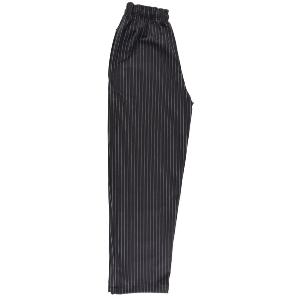 A close up of Mercer Culinary Millennia black pinstripe cook pants with white pinstripes.