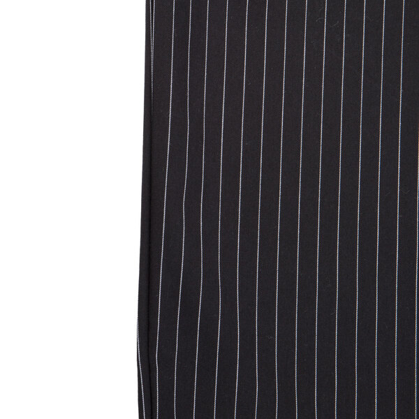 Mercer Culinary Millennia black pinstripe chef pants with white pinstripes on a black background.