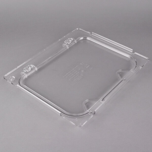 A Carlisle clear plastic food pan lid with notches.