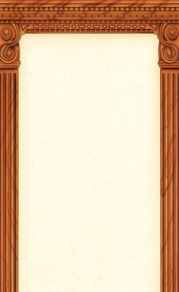 Menu paper with a rectangular wooden frame and Mediterranean themed columns.