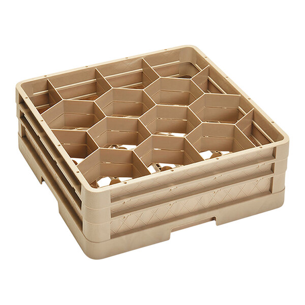 A beige plastic Vollrath Traex glass rack with six compartments.
